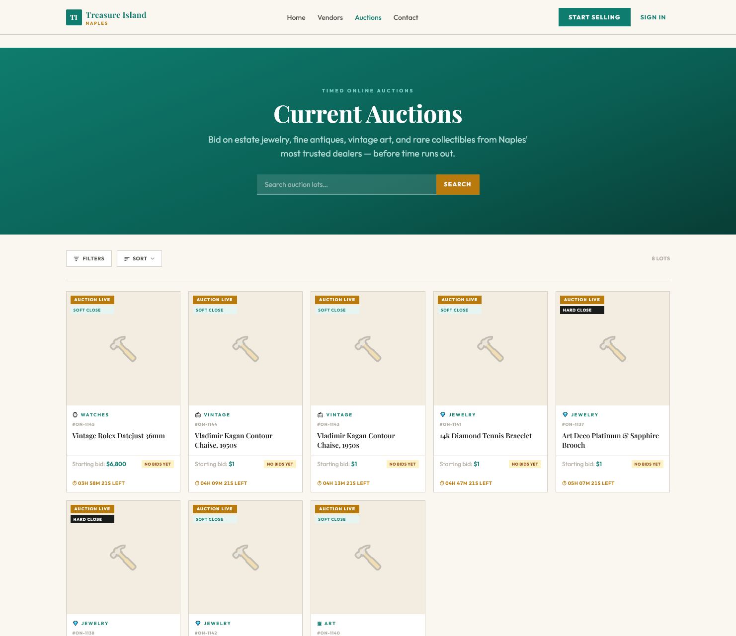Current auctions board with live auction item cards