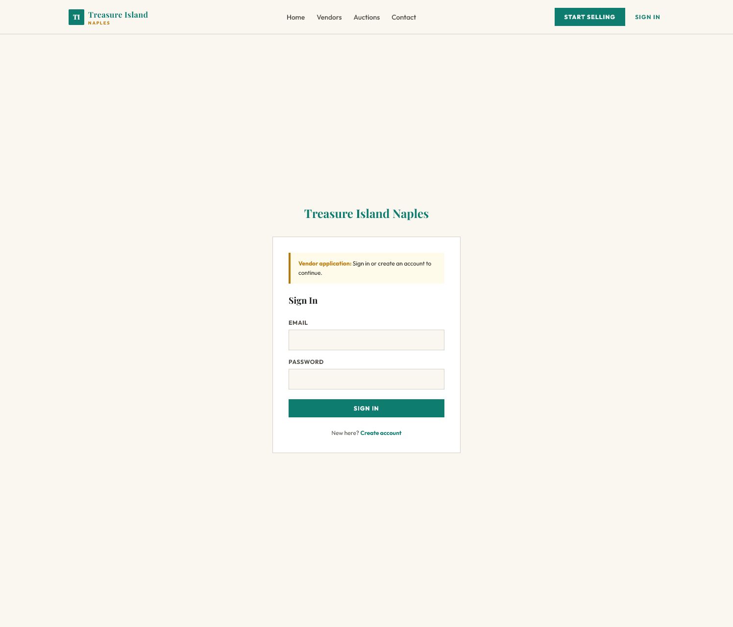 Treasure Island Naples sign-in page for gated vendor access