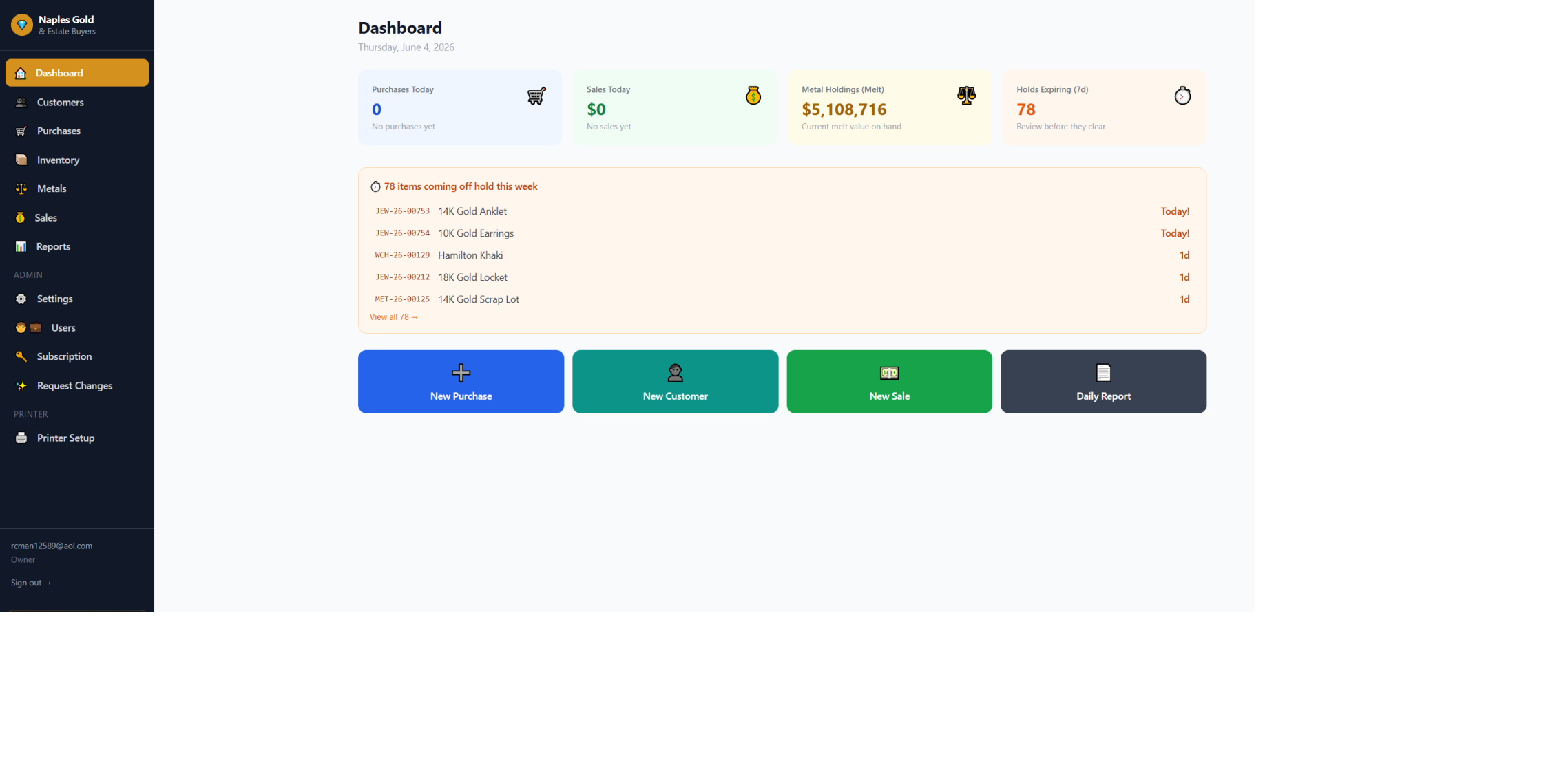 SDMS dashboard with purchases, sales, melt value, holds, and quick actions