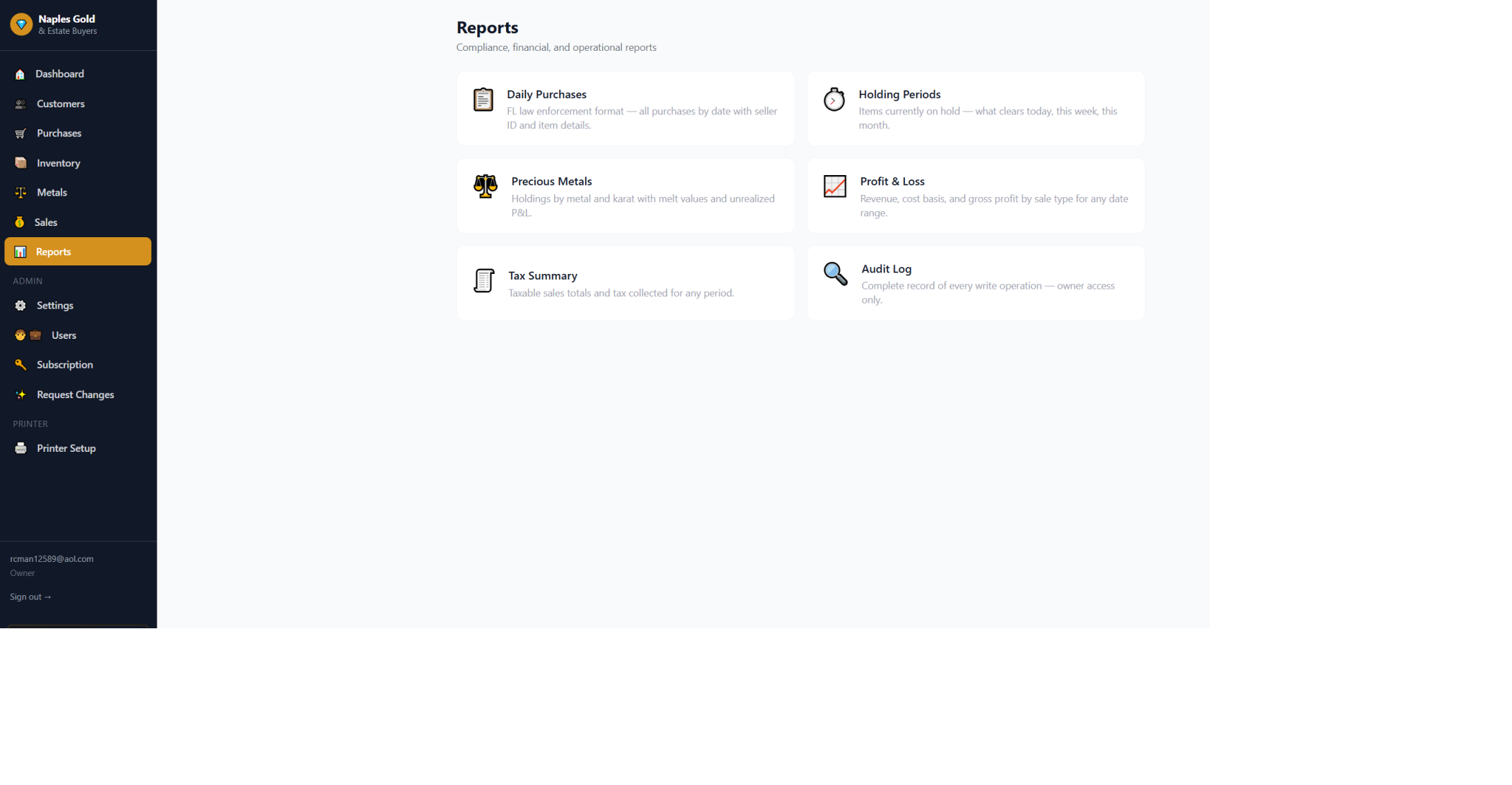 SDMS reports page with compliance and financial report options